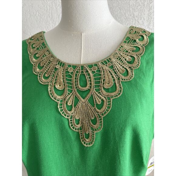 Linen Cocktail Formal Dress Midi Green Gold Embroidered Size 14 Zipper Back Rare - Picture 14 of 14